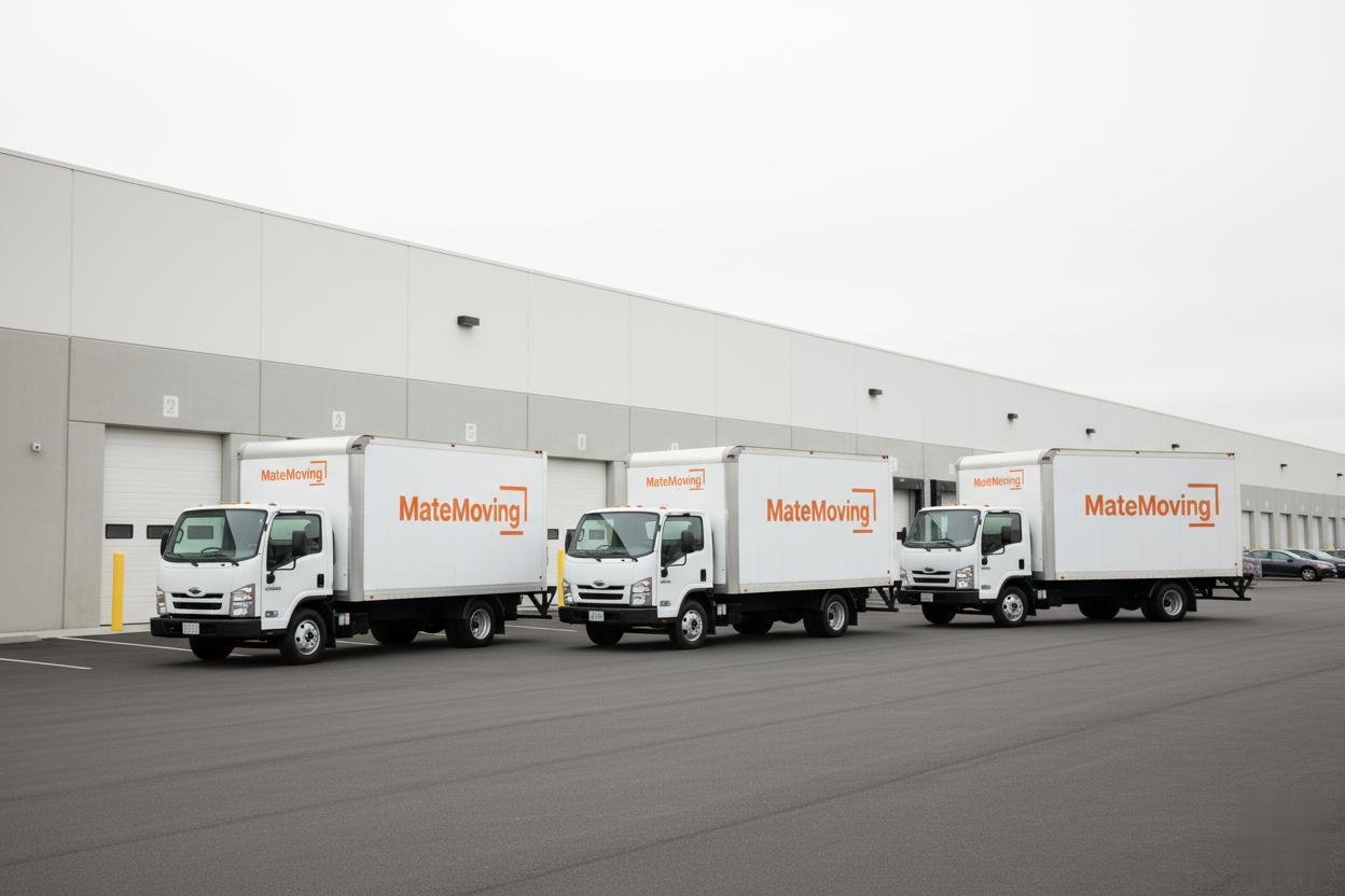 Mate Moving trucks parked at a warehouse loading dock