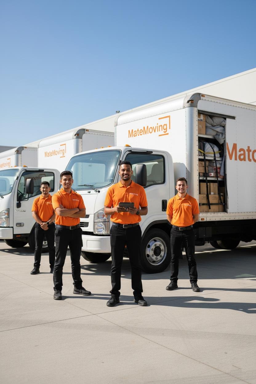 Mate Moving movers standing beside their moving trucks